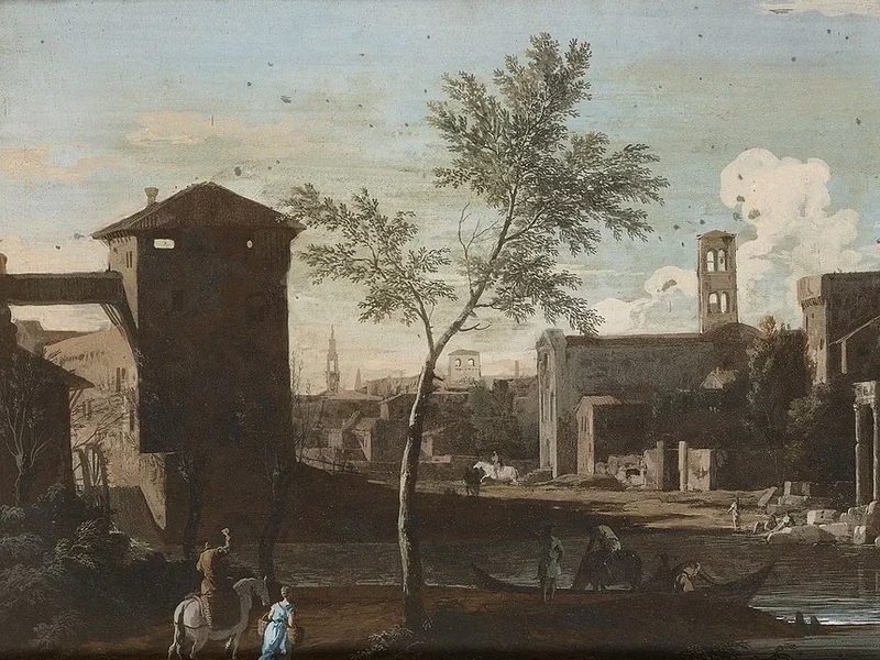 1676-Marco Ricci - Una città e rovine accanto a un fiume - Royal Collection